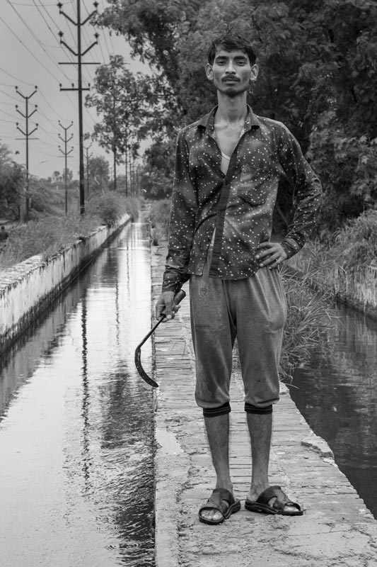 A young farmer standing between irrigation canals carrying treated sewage effluent outside a village in Kanpur district, Uttar Pradesh